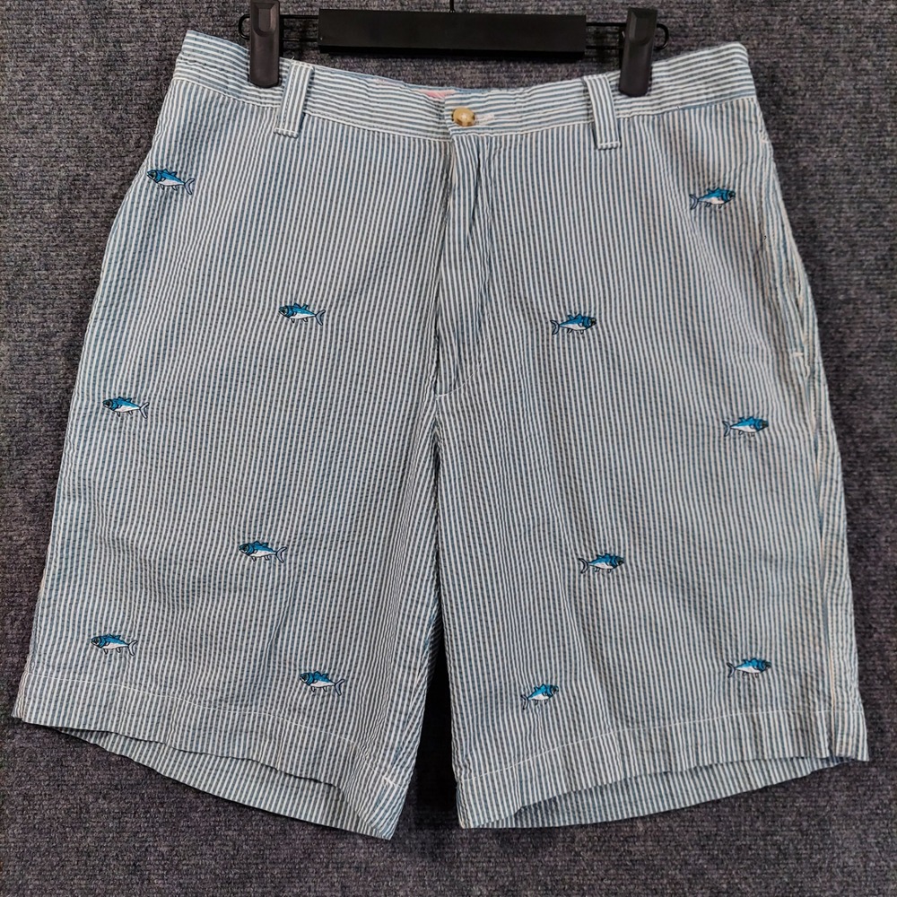 Washed Stoned Beaten Shorts Men 34 (Fits 32) Seersucker Embroidered Fish Marlin